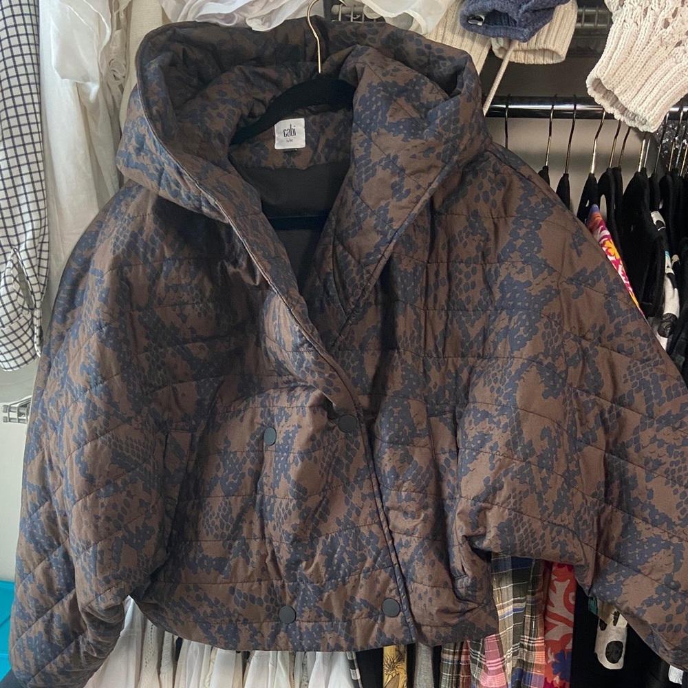 CAbi Brown and Blue Patterned Puffer Jacket